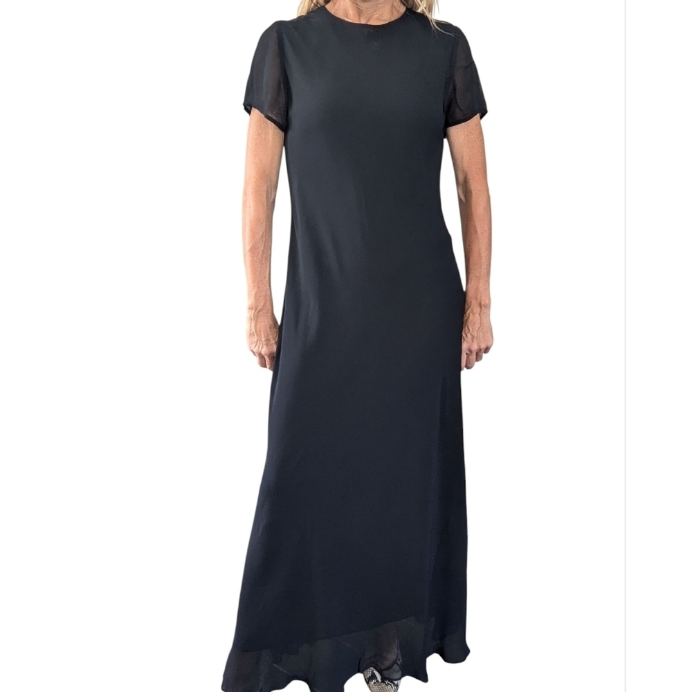 Vintage Benjamin A Black Rayon Maxi Dress Sheer Sleeve Mermaid Hem 10